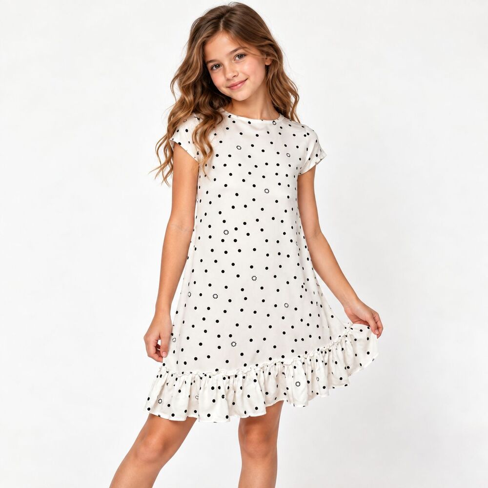 Patrizia Pepe Girls Dress L 10 White Black Polka Dot Ruffle Hem Viscose NWT